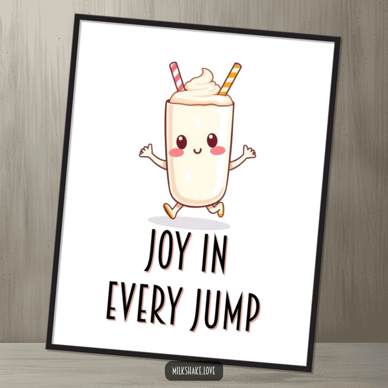 Funny anthropomorphic milkshake character in a joyful hop, captured on a vibrant and funny digital art print.