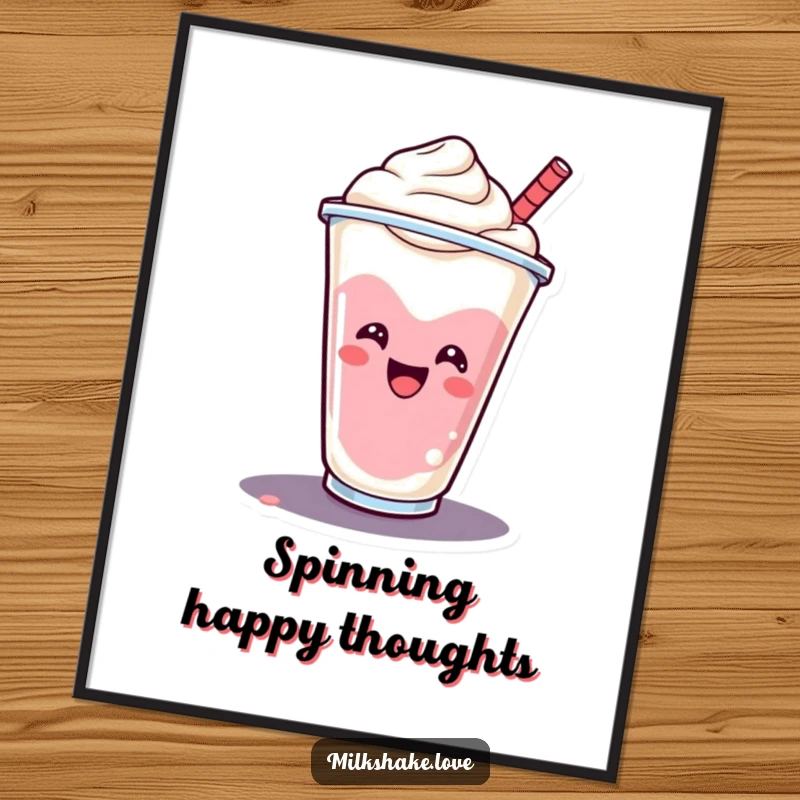 Funny smiling milkshake cup captured in a cheerful spin, creating sweet and delightful wall art.