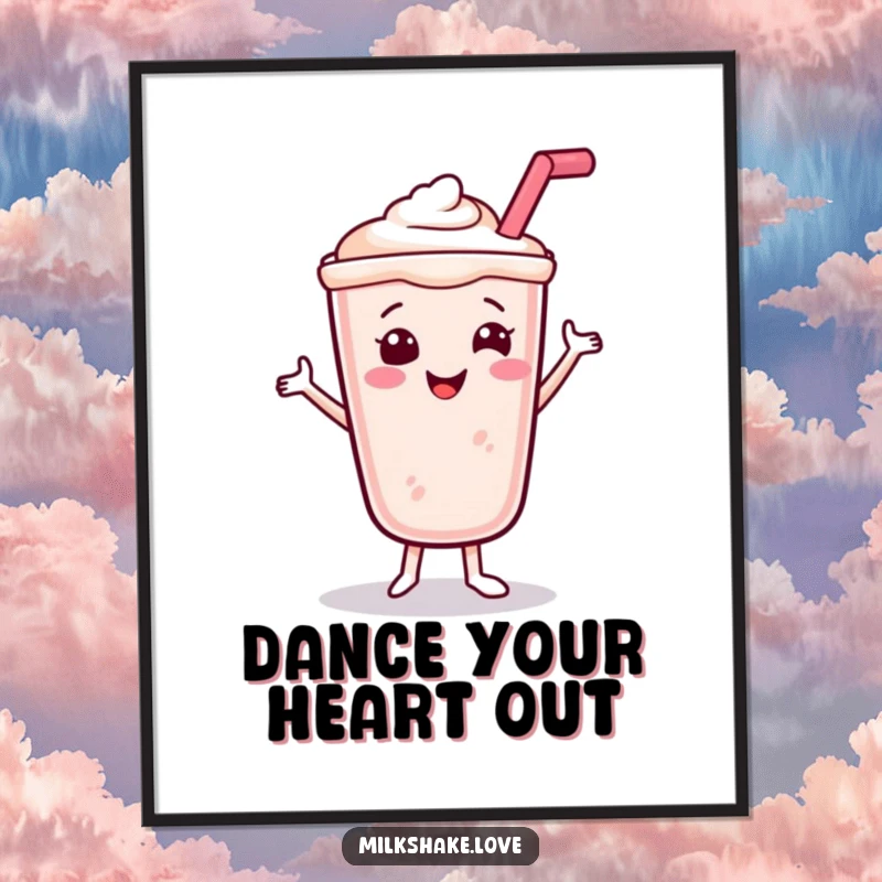 Funny Smiling Milkshake Poster displaying a happy dancing milkshake with a straw, perfect for cheerful and humorous wall art.