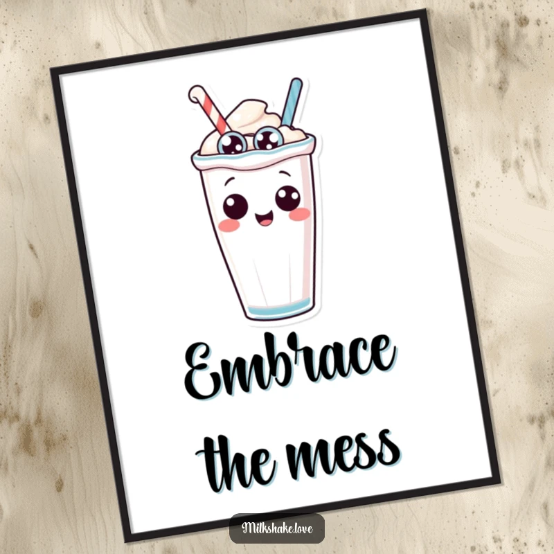 Funny anthropomorphic milkshake with silly eyes comically tipping over, a bold and humorous piece of wall art.