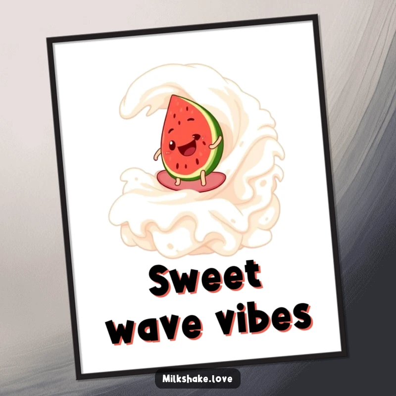 Funny Watermelon Surf Poster showcasing a happy watermelon slice surfing a giant whipped cream wave, bringing a cool, tropical vibe indoors.