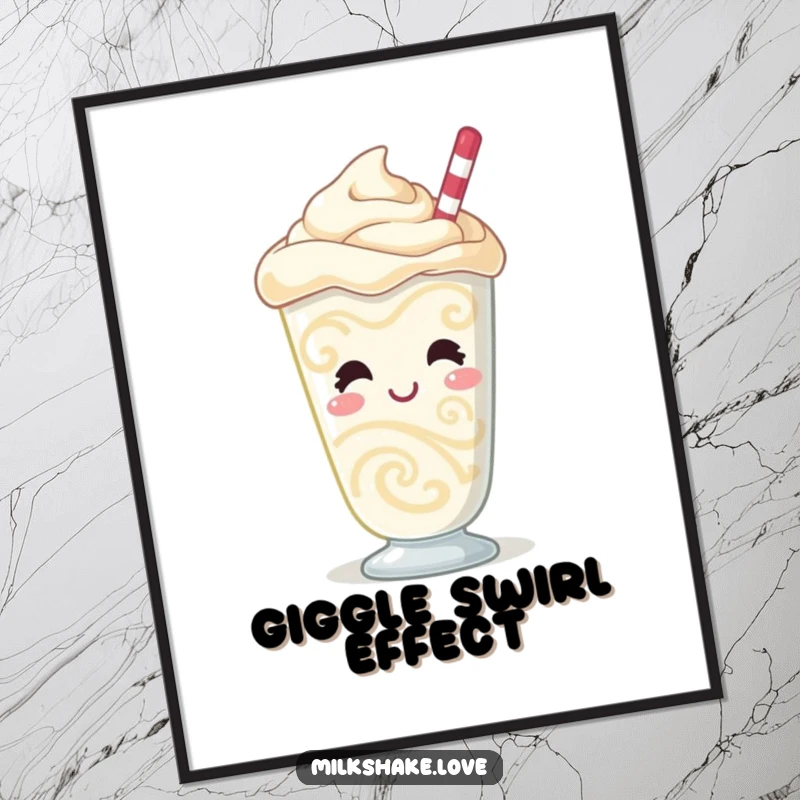 Funny Milkshake Poster displaying a giggling character with mesmerizing swirling patterns and a bubbly demeanor, perfect for a fun-filled decor.