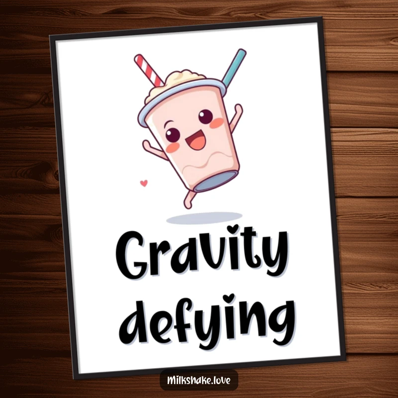 Funny Milkshake Somersault Poster displaying a cute anthropomorphic milkshake cup performing a fun somersault, perfect for playful wall art.
