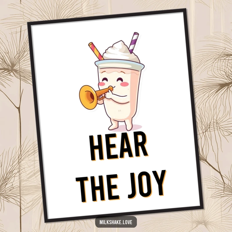 Funny Poster: A charming illustration of a milkshake cup character playing a tiny trumpet, bringing a musical and happy vibe.