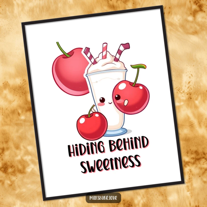 Funny poster print of a shy milkshake peeking from behind a giant cherry, adding sweet humor to any room.