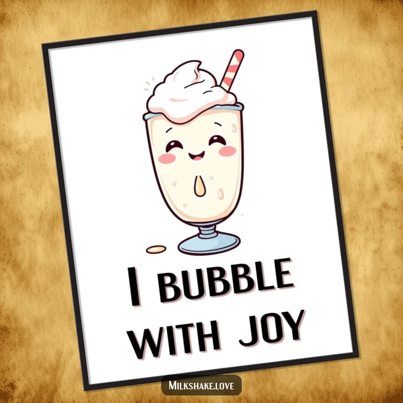 Funny Kawaii Milkshake Poster, a giggling character spills a drop, colorful and cute wall art, suitable for gifting.