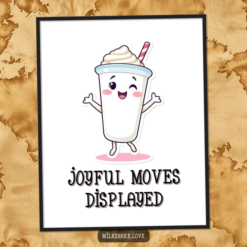 Funny Milkshake Cup Poster featuring a smiling milkshake character dancing joyfully. Adds a sweet and humorous touch to any wall.