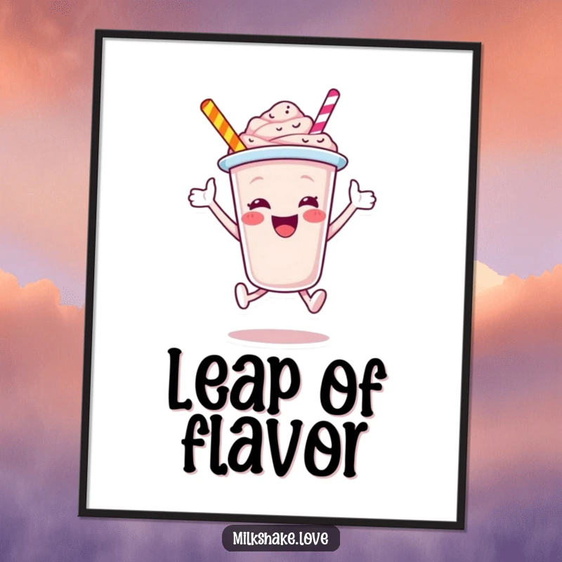 Funny Milkshake Cup Poster, a jubilant cartoon character captured in an energetic leap, bringing a sense of motion and pure delight to wall art.