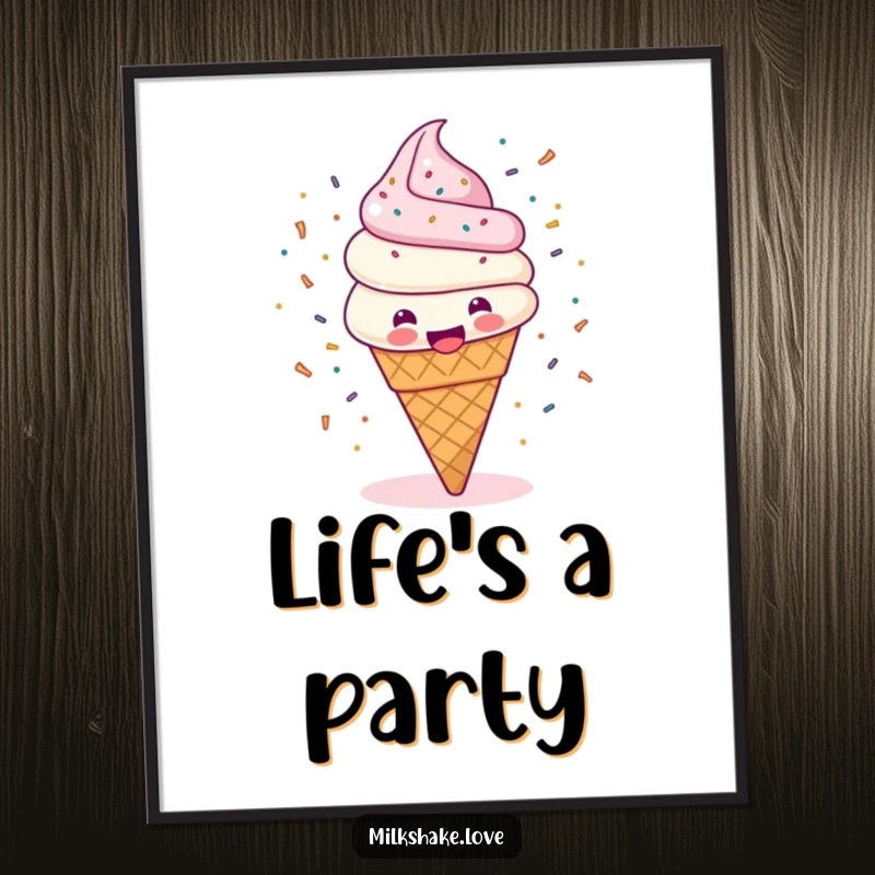 Funny poster illustration of a happy ice cream cone spinning wildly, with sprinkles flying everywhere, adding cheerful energy to walls.