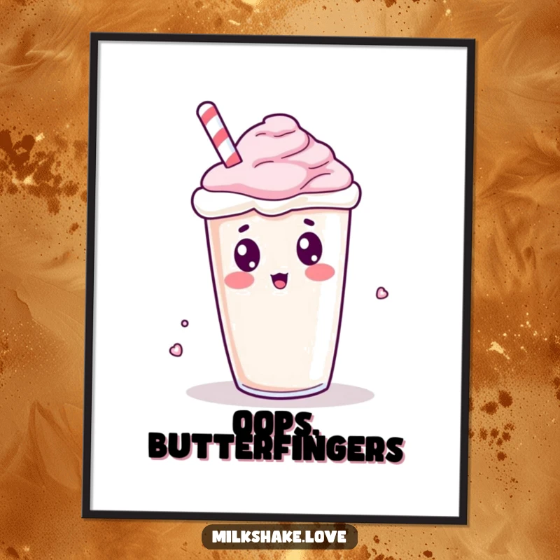 Funny Kawaii Milkshake Poster: A surprised milkshake character in a hilarious spill, creating amusing wall decor.