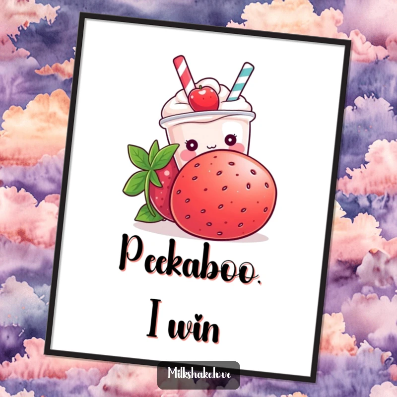 Funny Kawaii milkshake character hiding behind a giant strawberry, depicted artistically on a poster for wall decor.