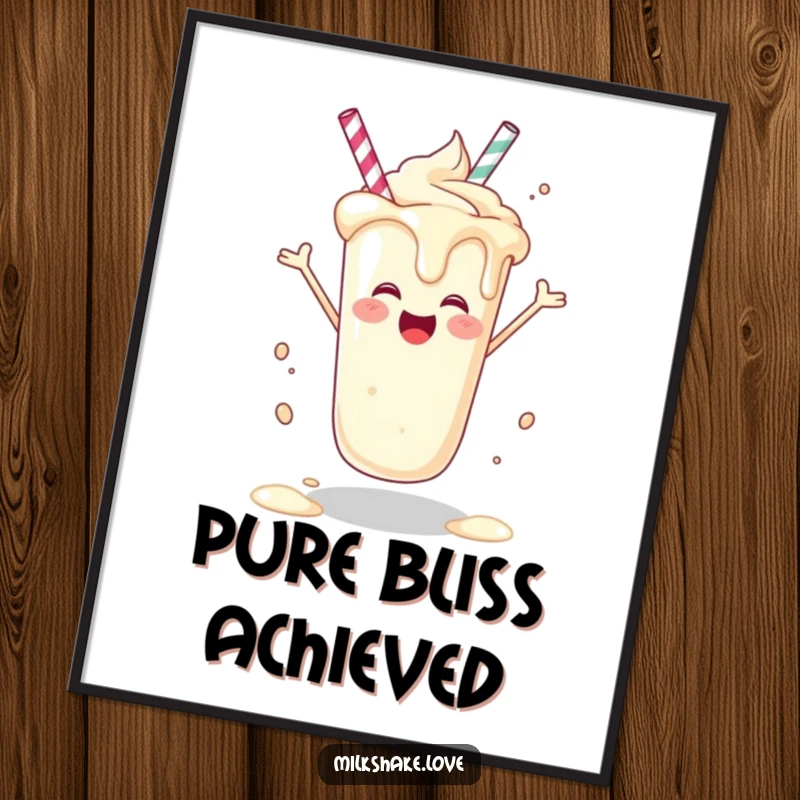 Funny joyful milkshake art print, spinning happily, dripping with glee, perfect funny gift.