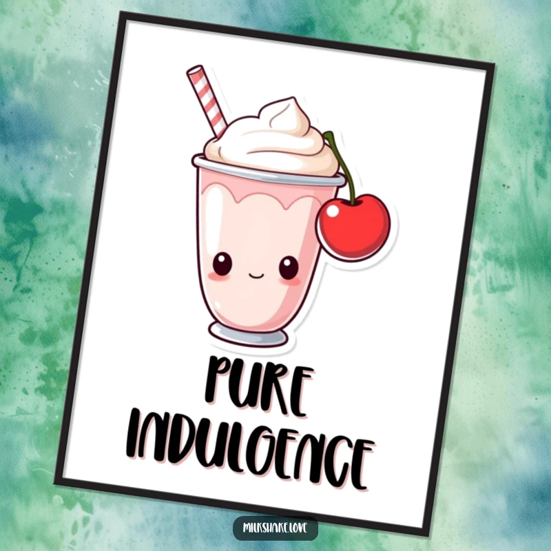 Funny milkshake cup with curious eyes looking at a cherry. Humorous wall art print for dessert lovers.