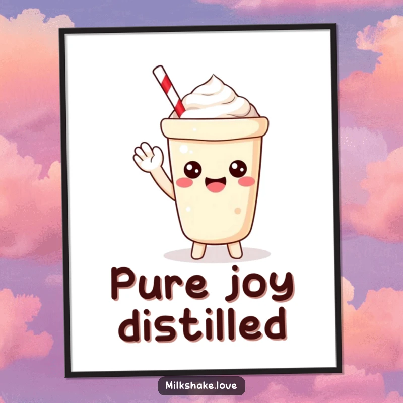 Funny Poster depicting a petite Kawaii milkshake with a happy expression, waving hello, bringing a smile to any wall.