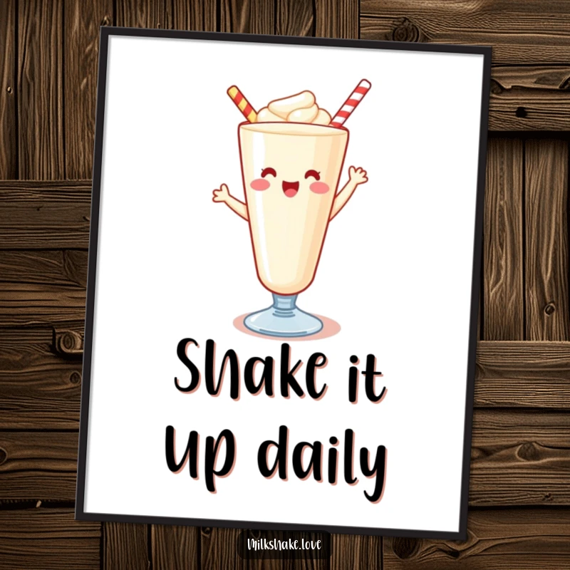 Funny Kawaii milkshake poster, a delightful scene of a cheerful beverage dancing, perfect for adding humor to walls.
