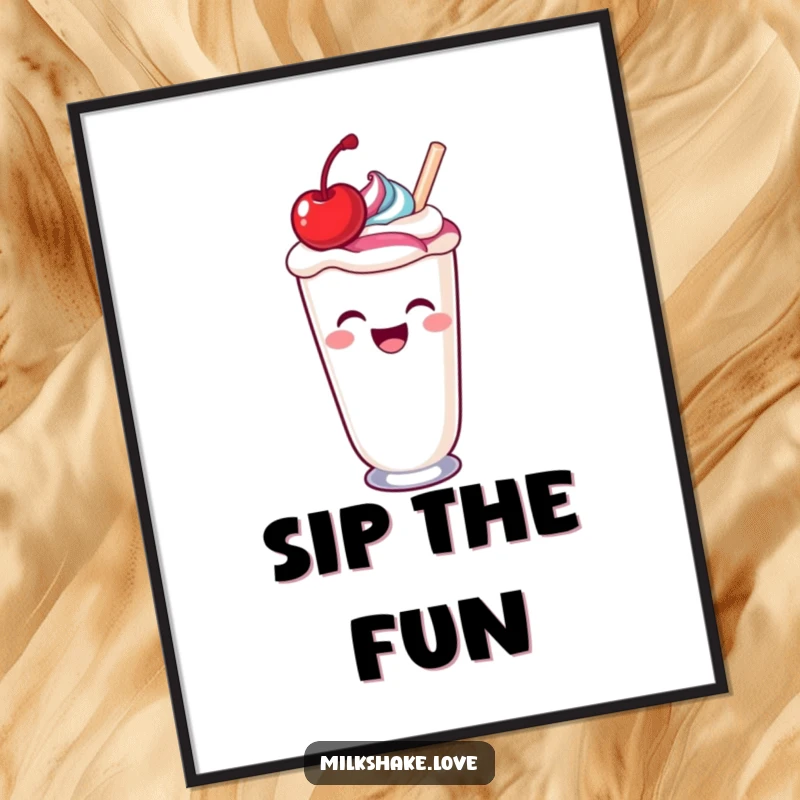 Laughing kawaii milkshake with a cherry on top spills a colorful swirl, a fun and funny poster.