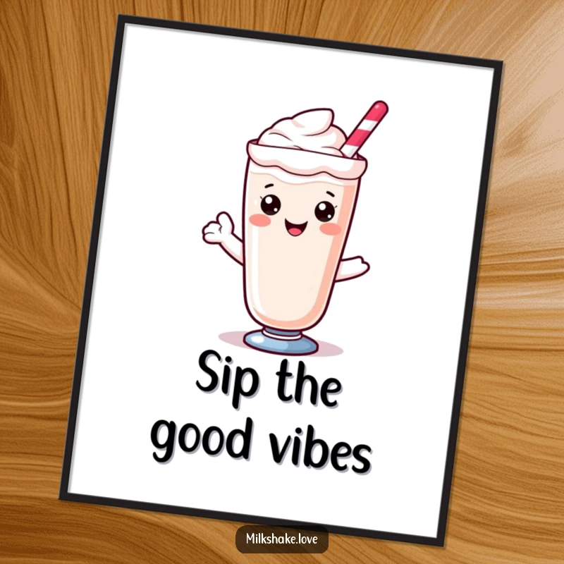 Kawaii milkshake character offering a sweet smile from its glass, depicted as cheerful wall art.