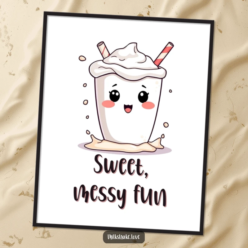 Funny kawaii milkshake character playfully splashing its contents, as vibrant wall art on a funny poster, a delightful gift.