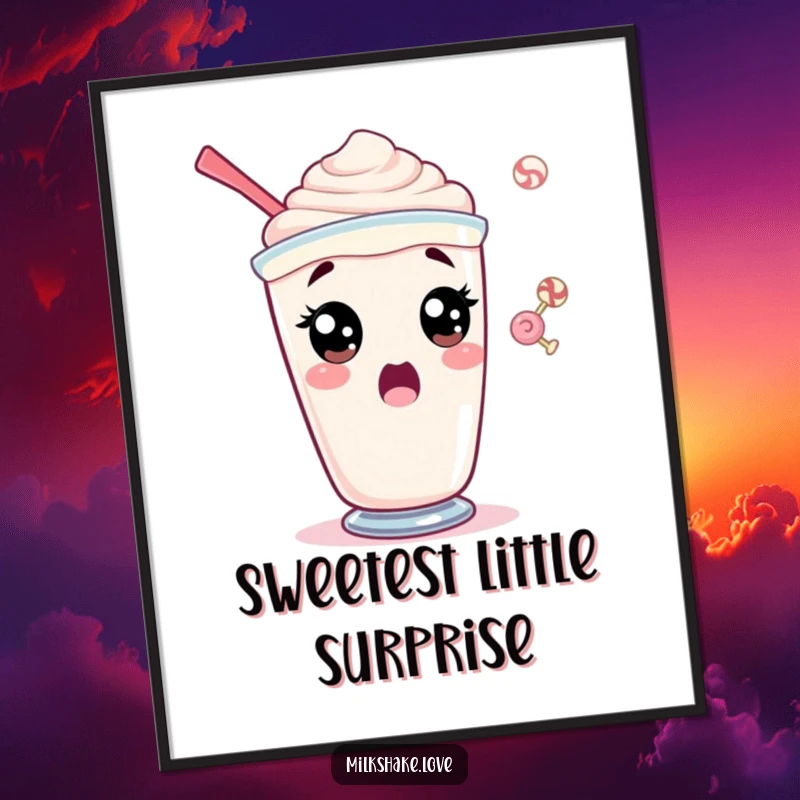 Funny poster featuring a shocked milkshake character with wide eyes reacting to a surprising candy.