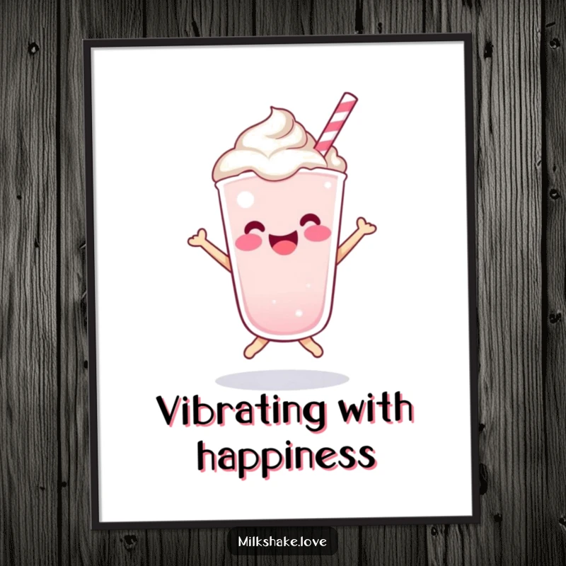 Funny Kawaii milkshake character captured in a dynamic, happy bounce on a poster, bringing cheer to any room.