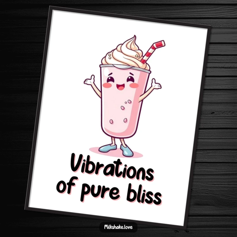 Funny kawaii milkshake poster depicting a cute, dancing milkshake with whipped cream doing a joyful shimmy, adding whimsical art to walls.