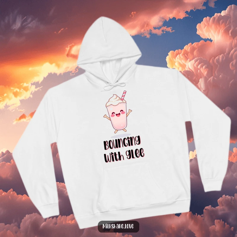 Funny Kawaii milkshake character doing a happy bounce, depicted on a soft, warm hoodie for ultimate comfort.