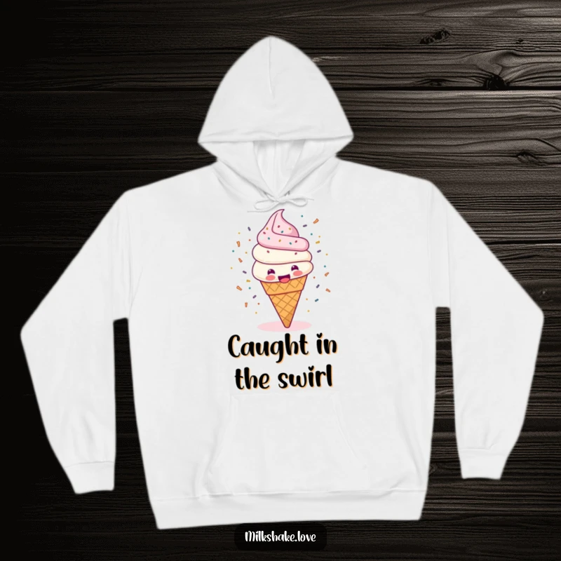 Funny hoodie featuring a happy ice cream cone spinning joyfully, with sprinkles flying everywhere, offering warm and sweet comfort.
