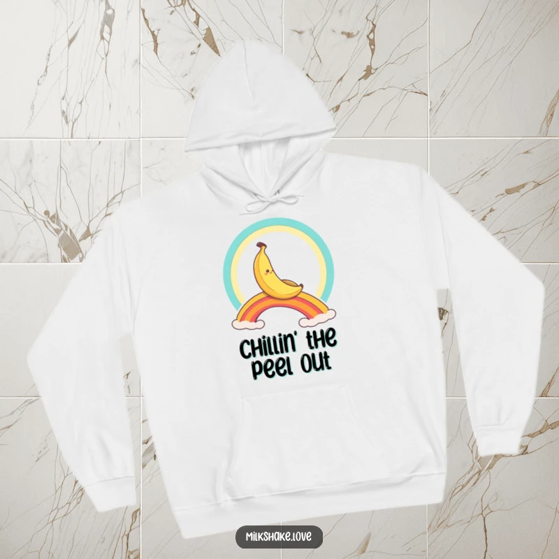 Funny banana character on a rainbow slide, a cozy and humorous hoodie for all-day comfort.