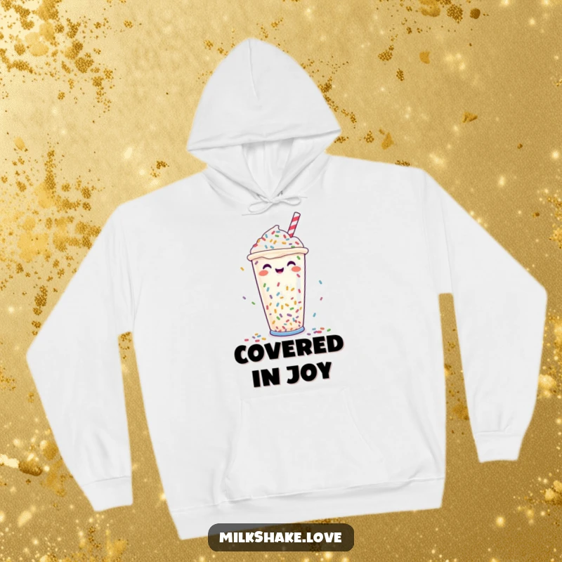 Funny Hoodie: A warm sweatshirt featuring a happy milkshake cup showered with colorful sprinkles, bringing joy and comfort.