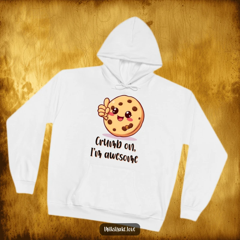 Funny cookie character giving a thumbs up with a missing crumb on a warm, soft hoodie, perfect for cozy cheer.