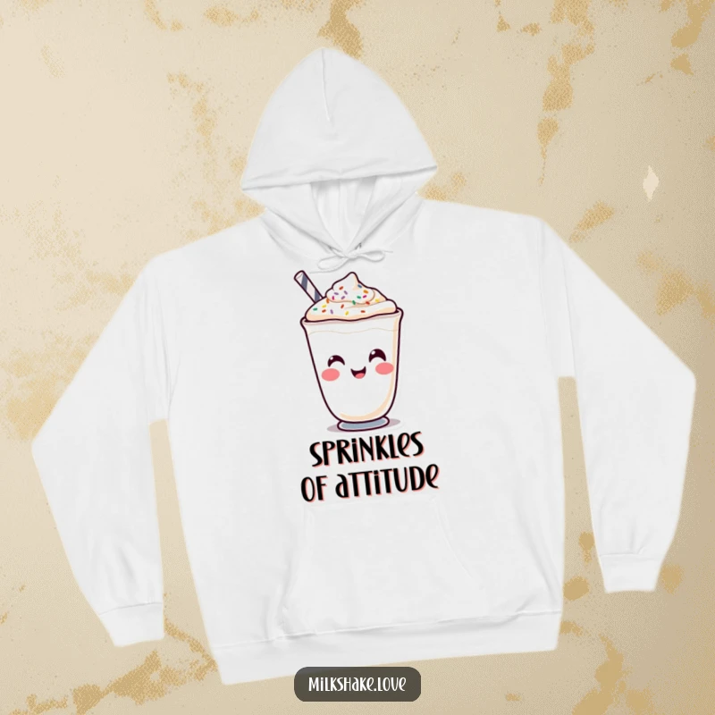 Funny Kawaii milkshake character making a funny face with its sprinkles, depicted on a soft, warm hoodie.