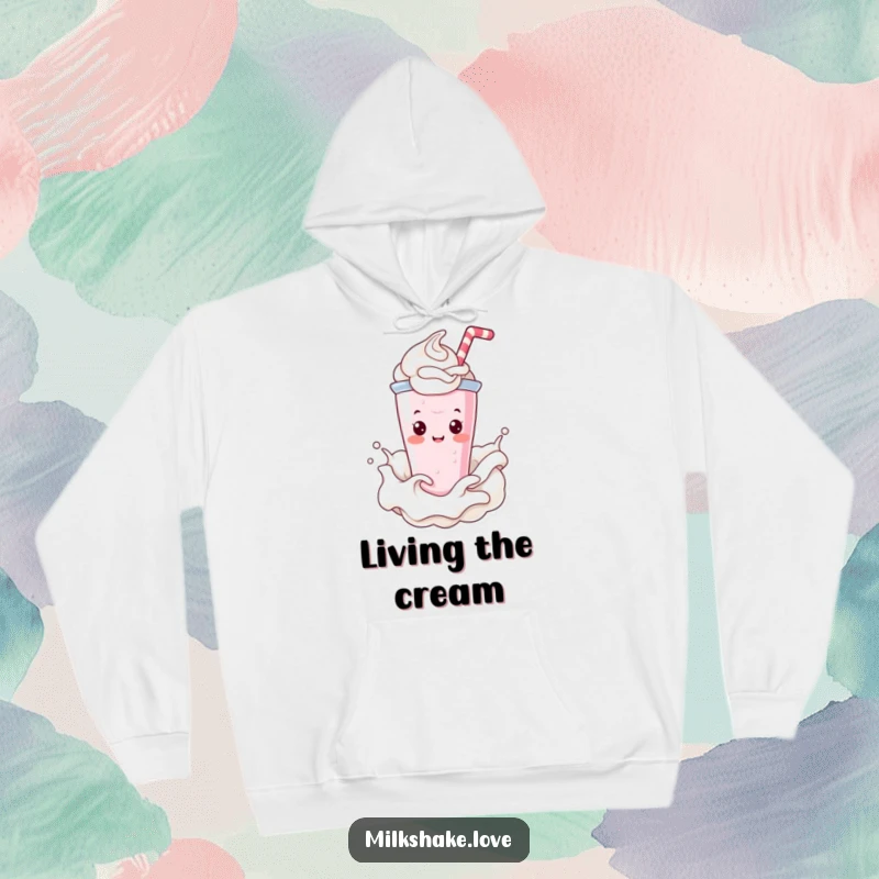 Funny Hoodie with a delightful Kawaii milkshake character happily immersed in a swirl of whipped cream, full of joy.