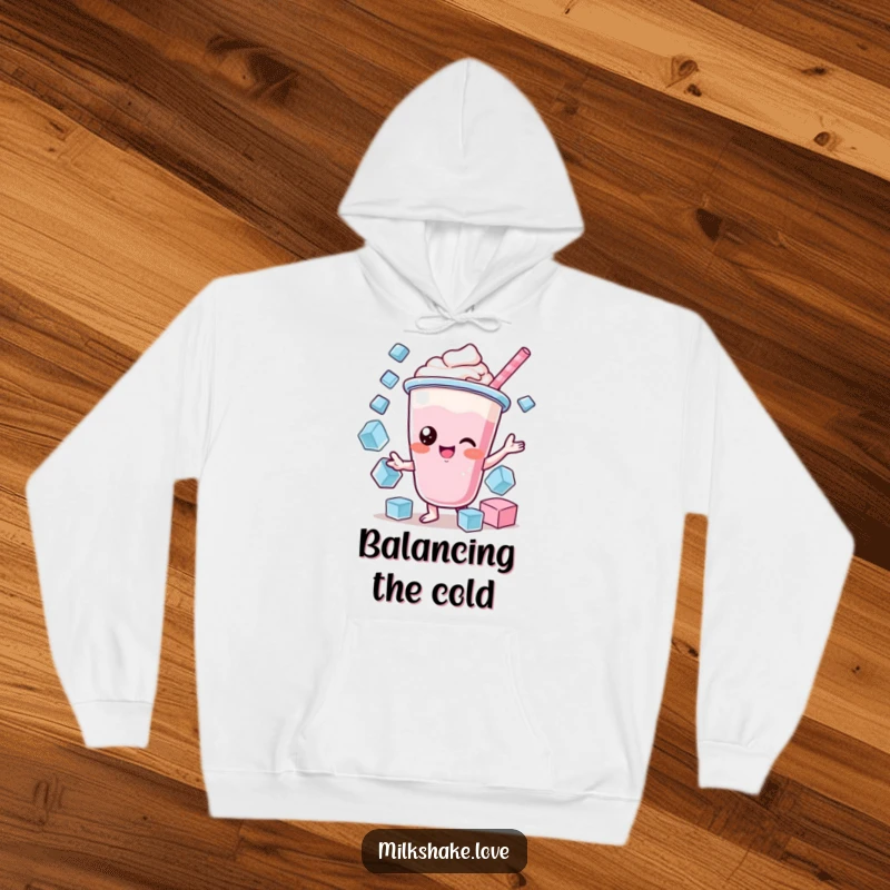 Funny Kawaii Milkshake Hoodie: A kawaii milkshake character juggling ice cubes, offering warmth and humorous skill.