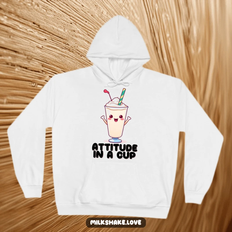 Funny Kawaii Milkshake Hoodie: A posy kawaii milkshake with a straw, offering cozy comfort and humorous flair.