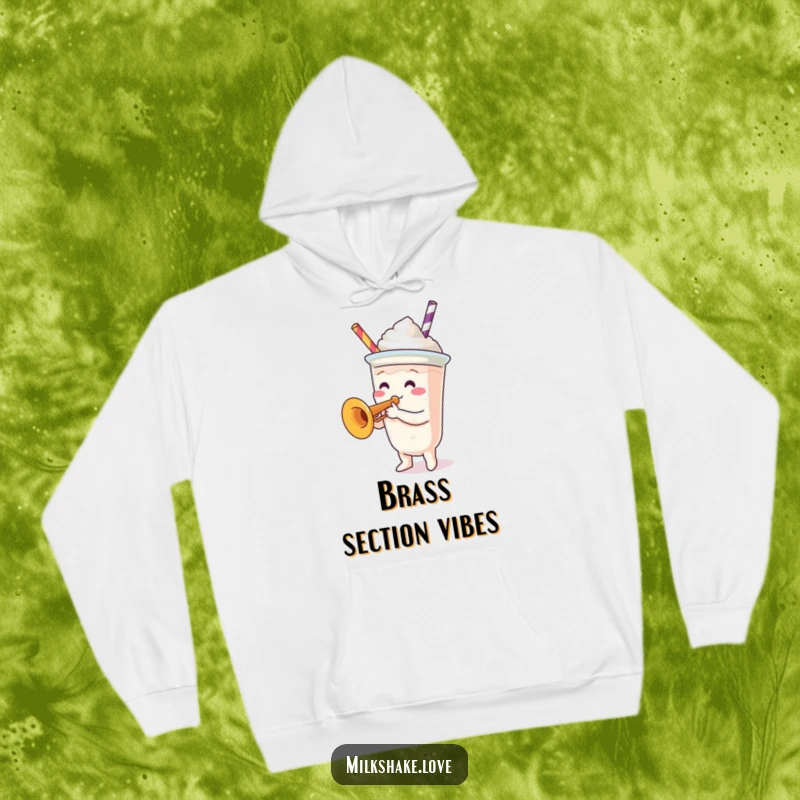 Funny Hoodie: A cozy sweatshirt featuring a milkshake cup character playing a tiny trumpet, perfect for music lovers.