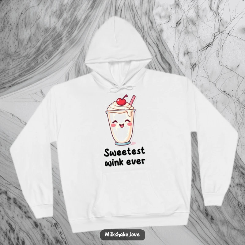 Funny Hoodie: A cozy sweatshirt featuring a winking milkshake cup character with a cherry on top, adding a playful touch.