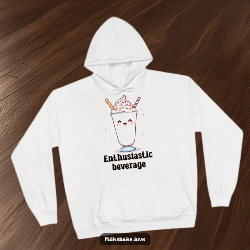 Funny Kawaii milkshake hoodie, a depiction of a cheerful milkshake with toppings, ready to cheer, ideal for cozy motivation.