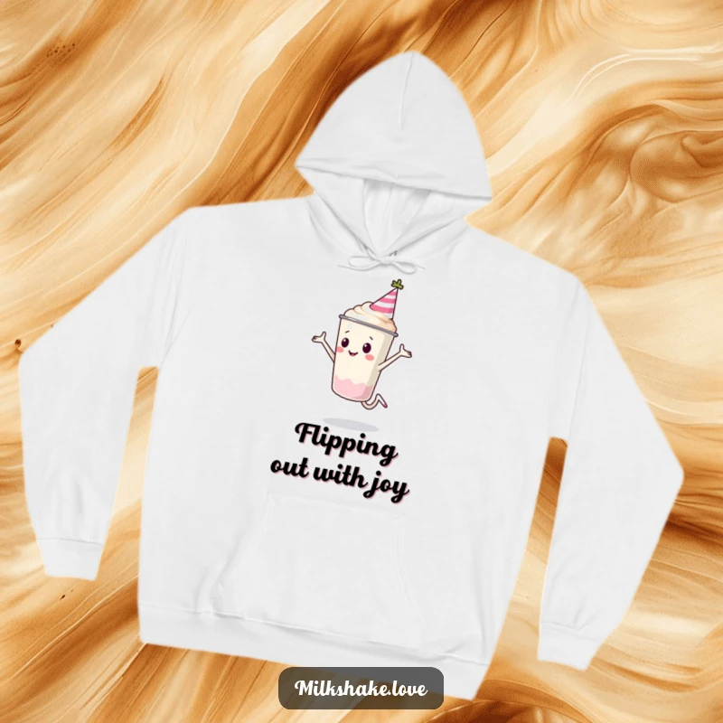 Funny Milkshake Cup Hoodie featuring a milkshake character in a party hat, doing a cartwheel. Cozy, festive, and amusing.