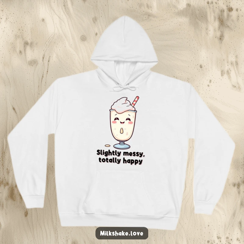 Funny Kawaii Milkshake Hoodie, a giggling character spills a drop, soft, warm, and humorous clothing, ideal present.