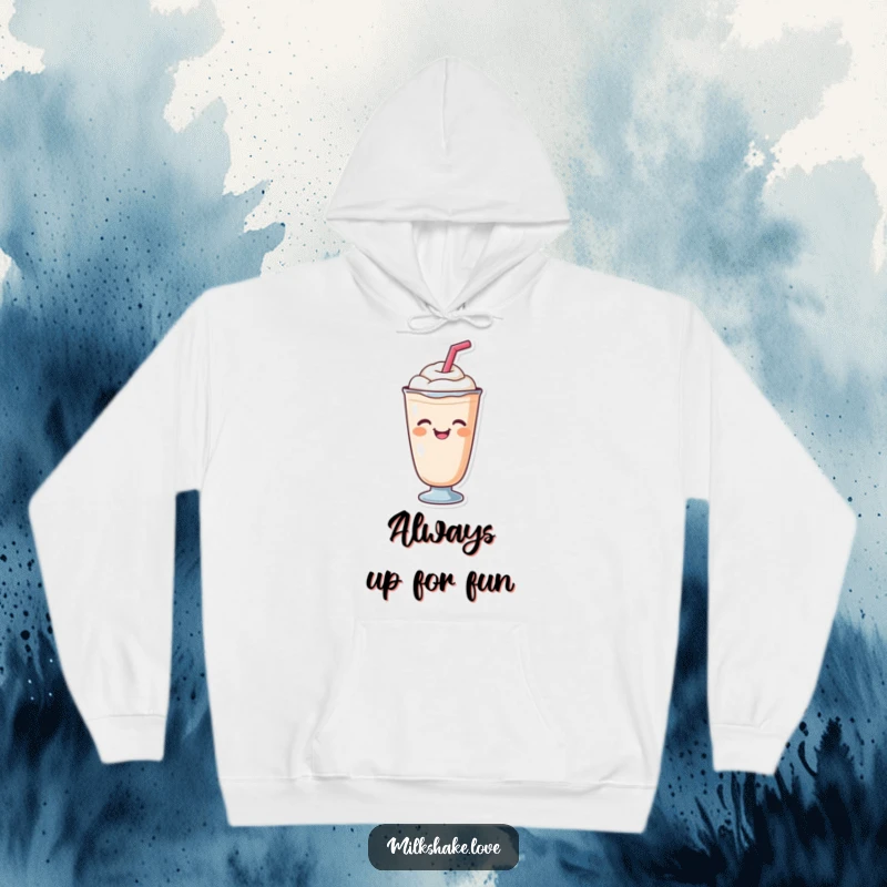 Soft and cozy funny hoodie featuring a cute milkshake with a straw playfully winking at the viewer.
