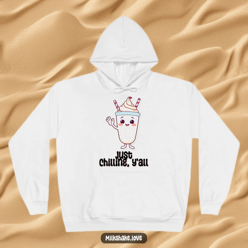 Funny hoodie with a friendly milkshake character with whipped cream topping giving a warm wave.