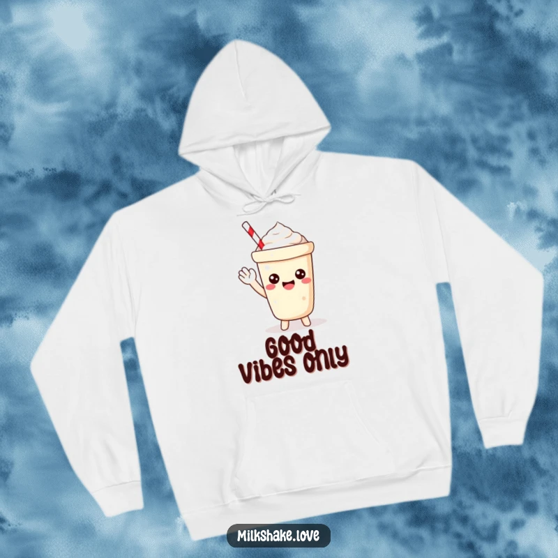 Funny Hoodie showcasing a petite Kawaii milkshake with a happy, bubbly expression, waving enthusiastically to brighten your day.