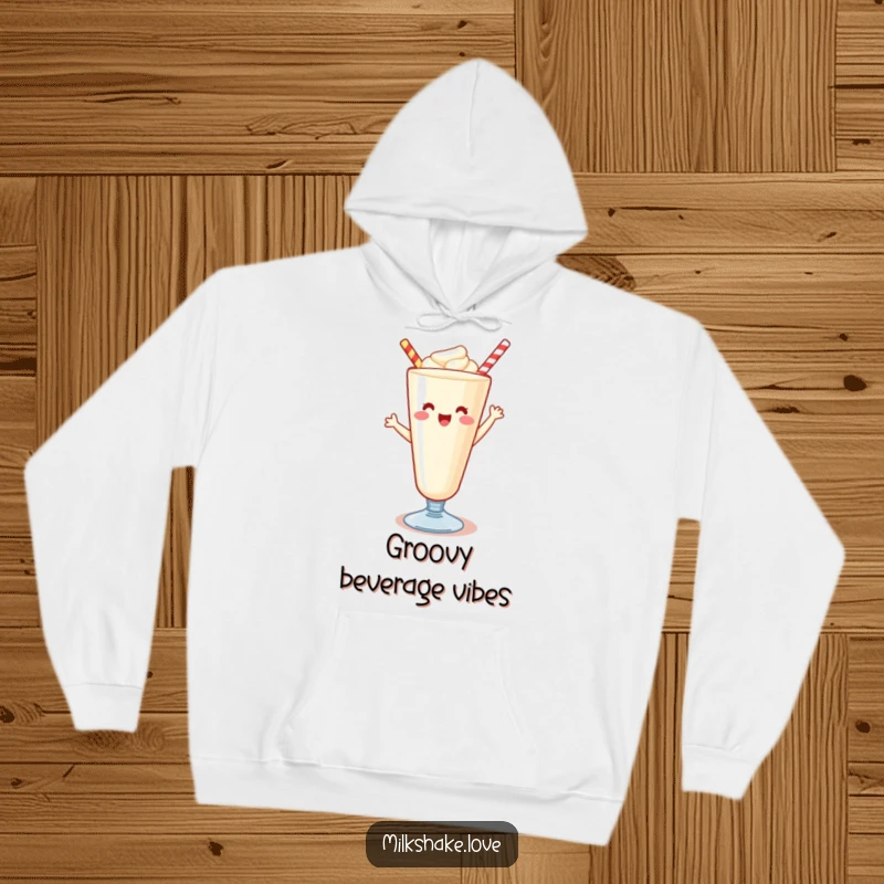Funny Kawaii milkshake hoodie, depicting a milkshake in a happy, energetic dance, perfect for cozy and cheerful wear.