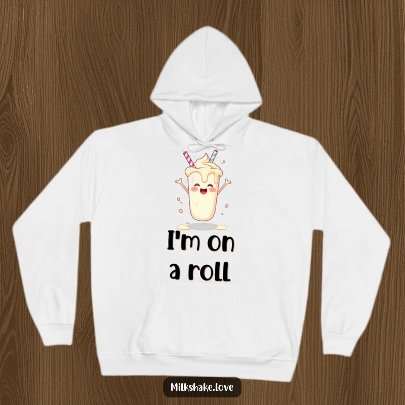 Funny joyful milkshake spinning happily on a cozy hoodie, a delightful funny gift.