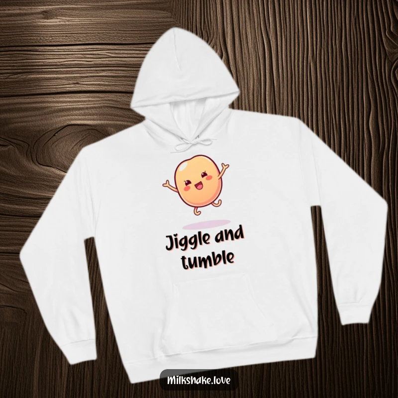 Funny hoodie featuring a wobbly jelly bean with small legs doing a cartwheel, offering cozy comfort and sweet vibes.