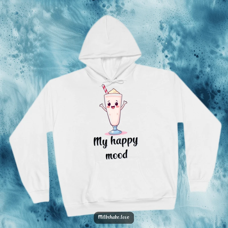Funny Kawaii milkshake in a tall glass, dancing happily, featured on a cozy hoodie for warm and cheerful wear.