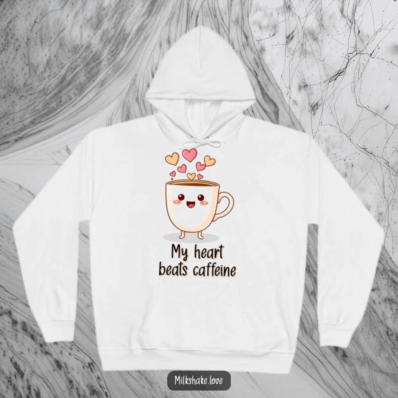 Funny coffee cup character with tiny feet pouring hearts on a warm, soft hoodie, perfect for cozy affection.