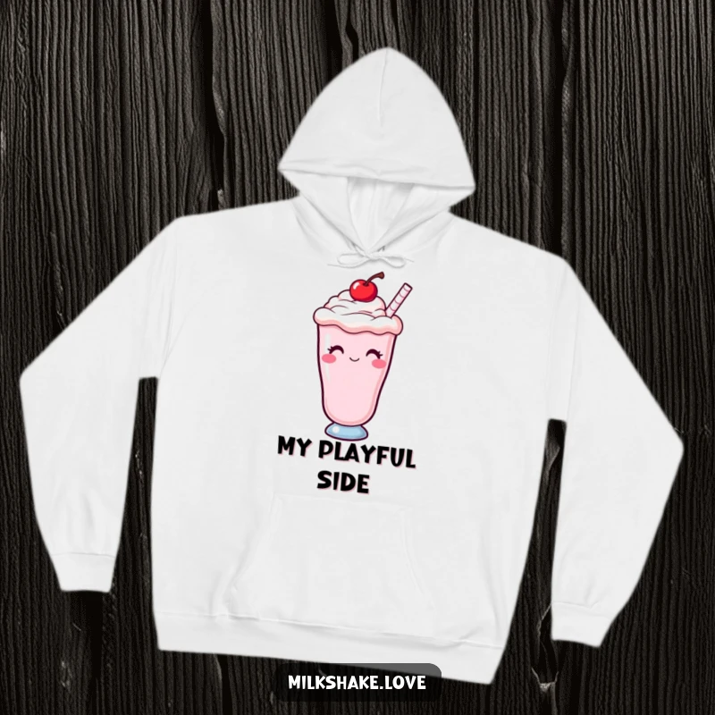 Funny Kawaii milkshake with a cherry on top, winking, featured on a cozy hoodie for warm and playful wear.