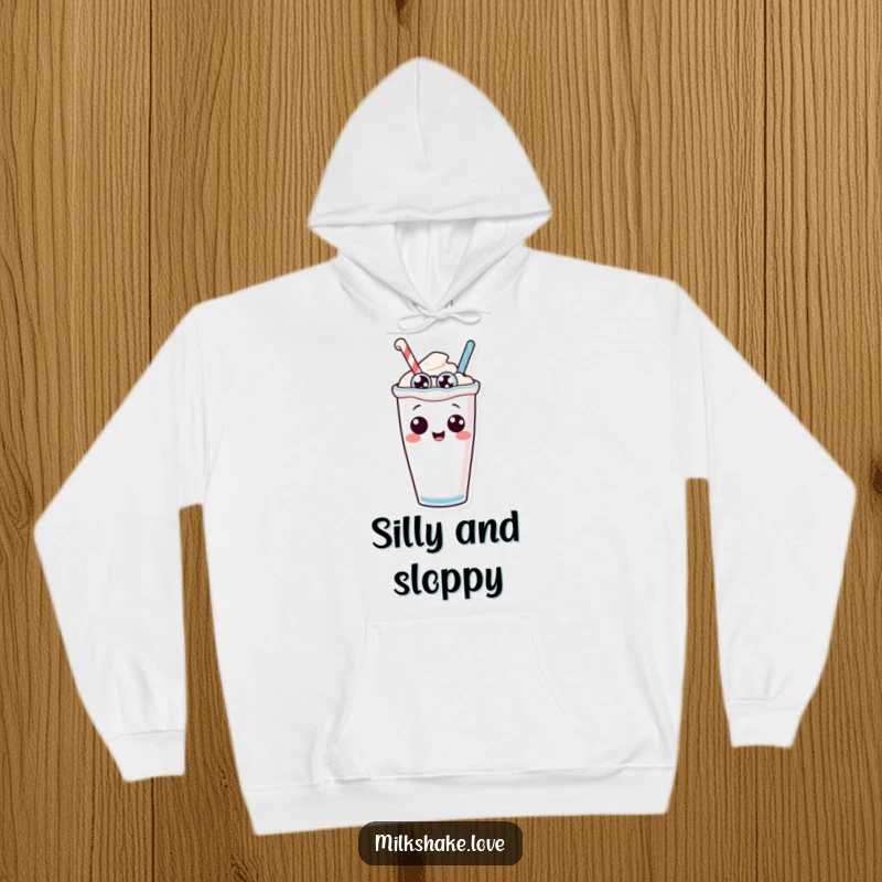Funny anthropomorphic milkshake with silly eyes playfully losing its balance and tipping over, a humorous and cozy hoodie design.