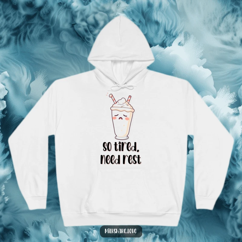 Funny hoodie with a sleepy milkshake character yawning with its straw drooping, perfect for relaxing.
